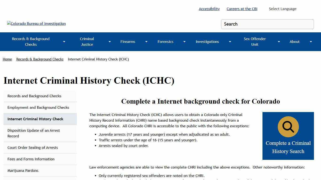 Internet Criminal History Check (ICHC) | Colorado Bureau of Investigation